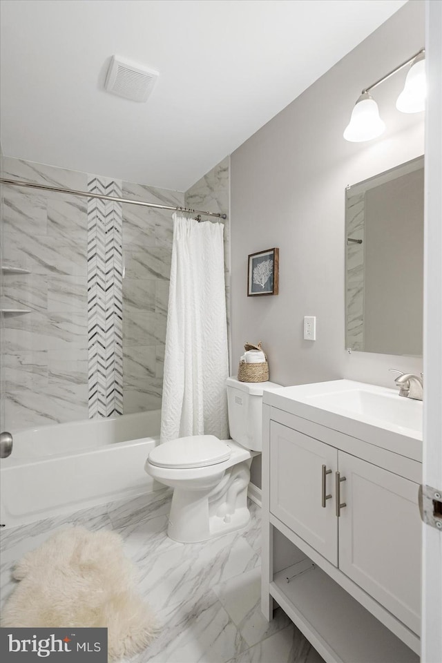 full bathroom with vanity, toilet, and shower / bath combination with curtain