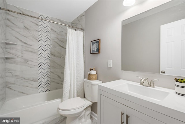 full bathroom with shower / bath combo, toilet, and vanity