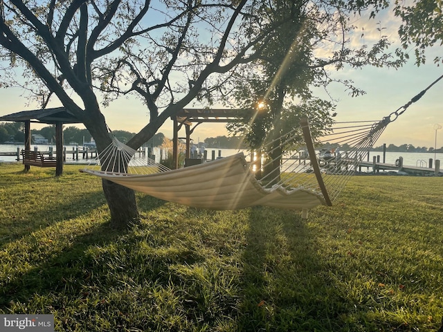 view of property's community featuring a lawn and a water view