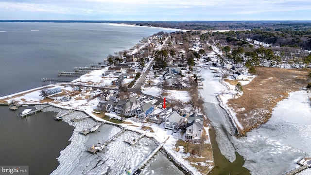 drone / aerial view featuring a water view