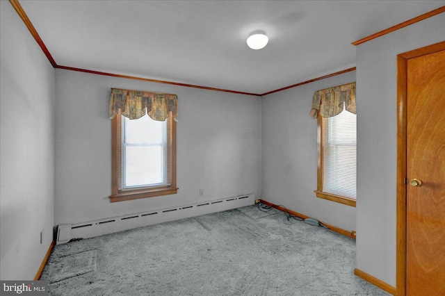 unfurnished room featuring a baseboard heating unit, a healthy amount of sunlight, crown molding, and light carpet