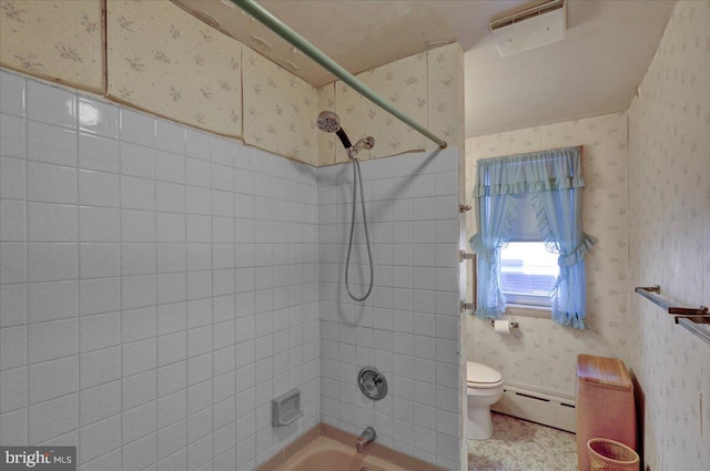 full bath with baseboard heating, tub / shower combination, toilet, and wallpapered walls