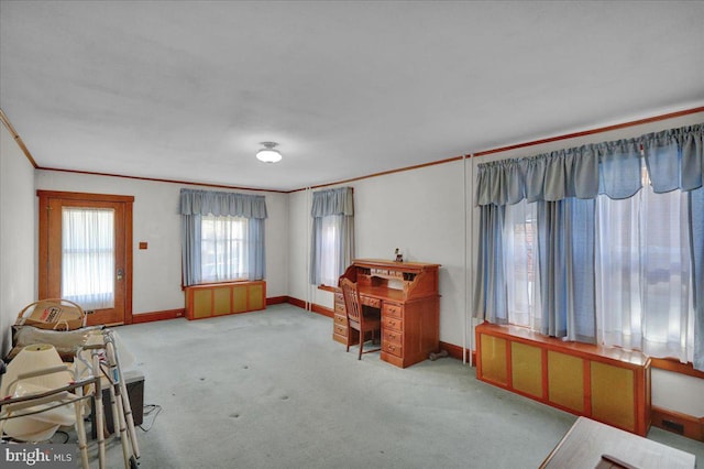 miscellaneous room with light colored carpet, crown molding, and baseboards