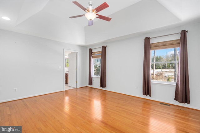 spare room featuring a healthy amount of sunlight, light hardwood / wood-style flooring, and a tray ceiling