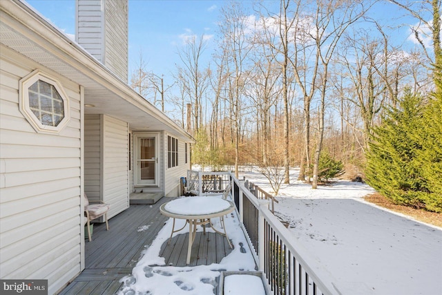 view of snow covered deck