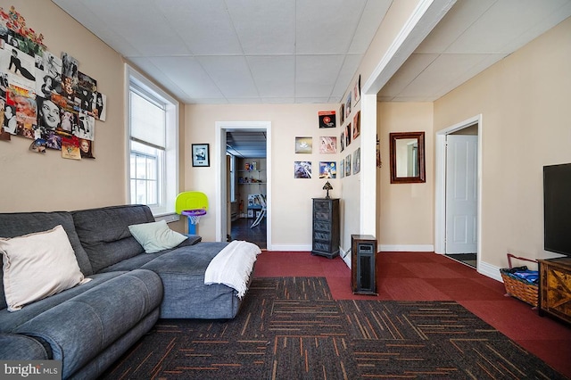 living room with dark carpet