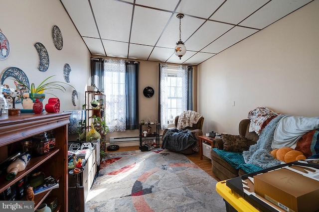 living area featuring hardwood / wood-style floors and a drop ceiling