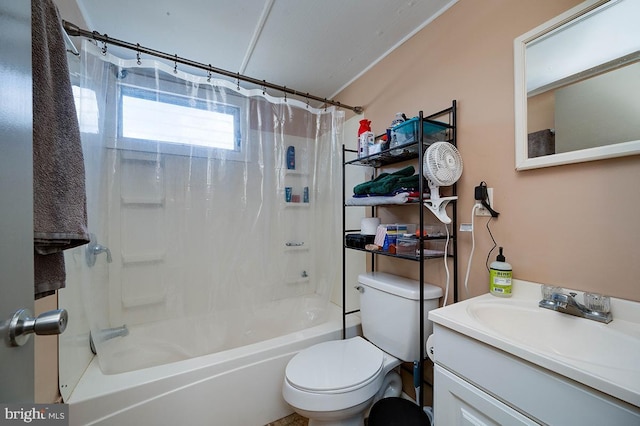 full bathroom featuring vanity, shower / bath combo, and toilet