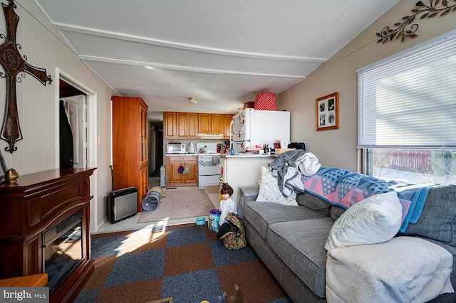 living room featuring lofted ceiling