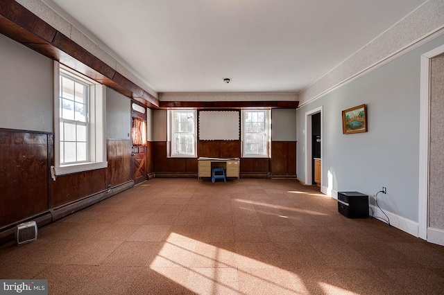 spare room with a baseboard radiator, a wealth of natural light, and wooden walls