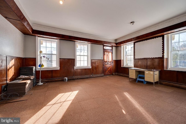 interior space featuring wooden walls