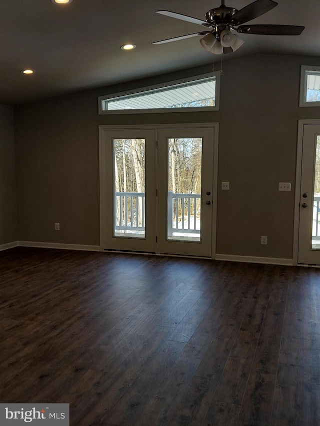 interior space featuring ceiling fan and dark hardwood / wood-style flooring