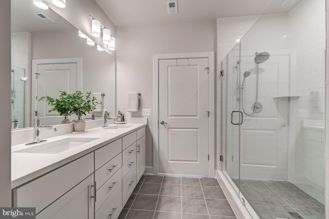 bathroom featuring vanity, tile patterned floors, and a shower with shower door