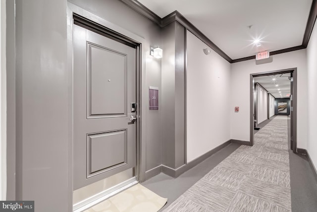 corridor with light carpet and ornamental molding