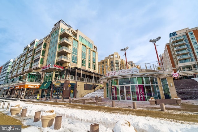 view of snow covered building