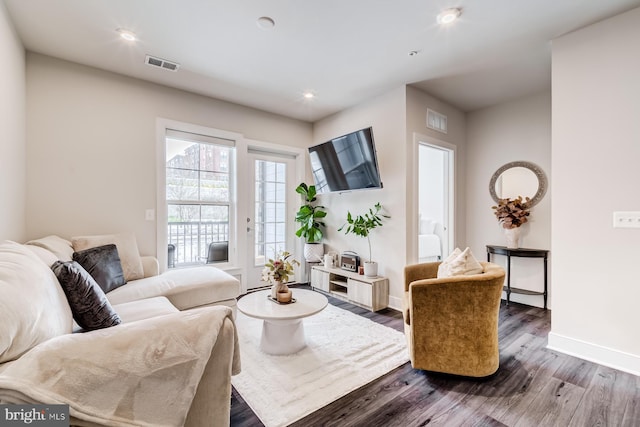 living room featuring dark wood-type flooring