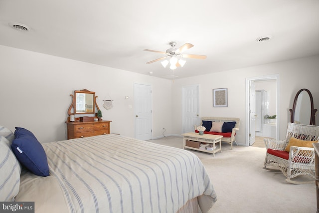 carpeted bedroom featuring ceiling fan