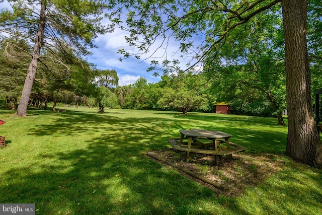 view of green lawn featuring an outbuilding and a storage unit