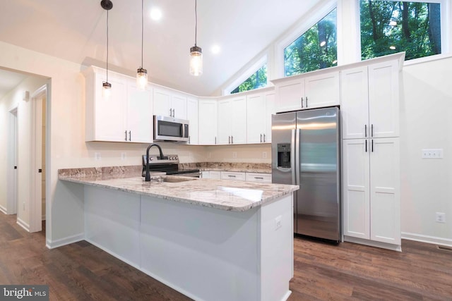 kitchen with lofted ceiling, dark wood-type flooring, a peninsula, stainless steel appliances, and white cabinetry