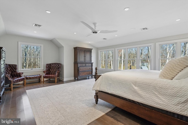 bedroom featuring ceiling fan, vaulted ceiling, and multiple windows