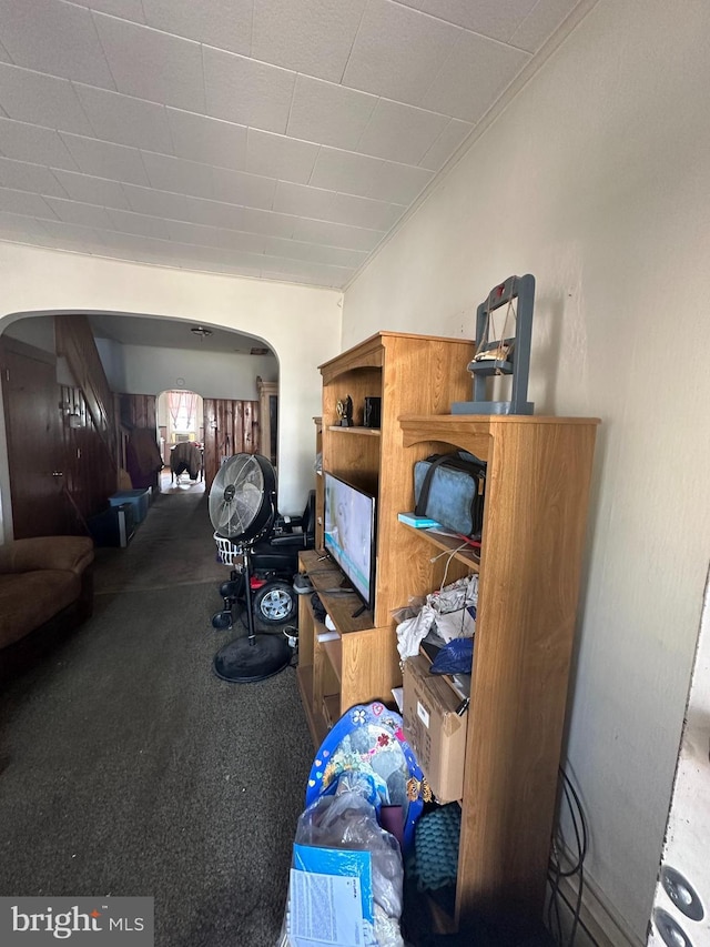 living room featuring lofted ceiling