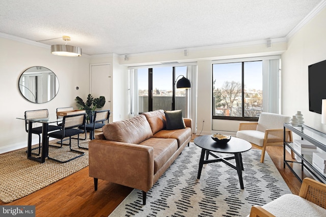 living room featuring hardwood / wood-style floors, ornamental molding, and a textured ceiling