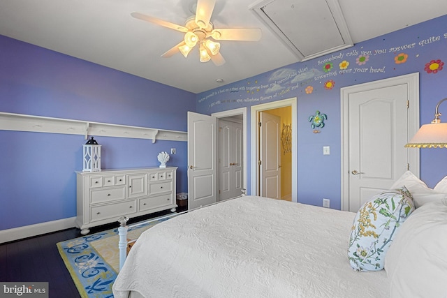 40959 Pacer Ln, Paeonian Springs, VA 20129 - bedroom featuring attic access, wood finished floors, a ceiling fan, and baseboards
