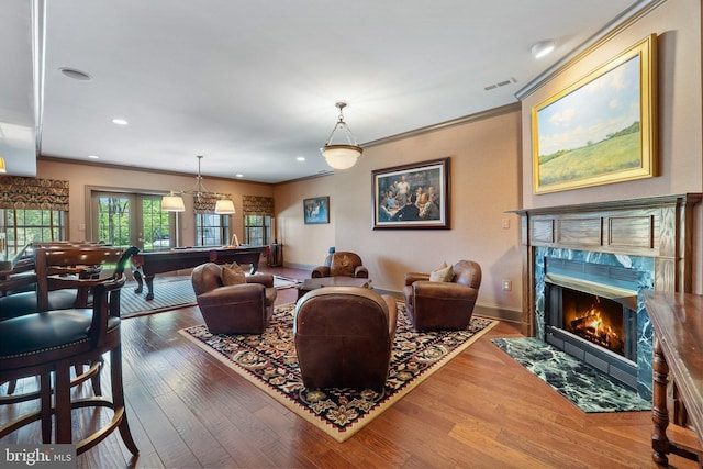 40959 Pacer Ln, Paeonian Springs, VA 20129 - living room with baseboards, wood finished floors, billiards, and crown molding