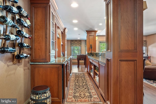 40959 Pacer Ln, Paeonian Springs, VA 20129 - kitchen featuring light wood-type flooring, brown cabinets, open shelves, and recessed lighting