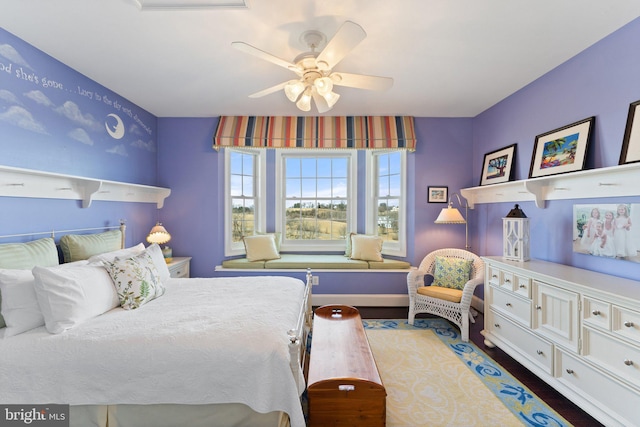 bedroom featuring ceiling fan and wood finished floors