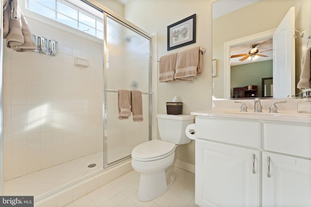 bathroom featuring tile patterned floors, a stall shower, toilet, and vanity