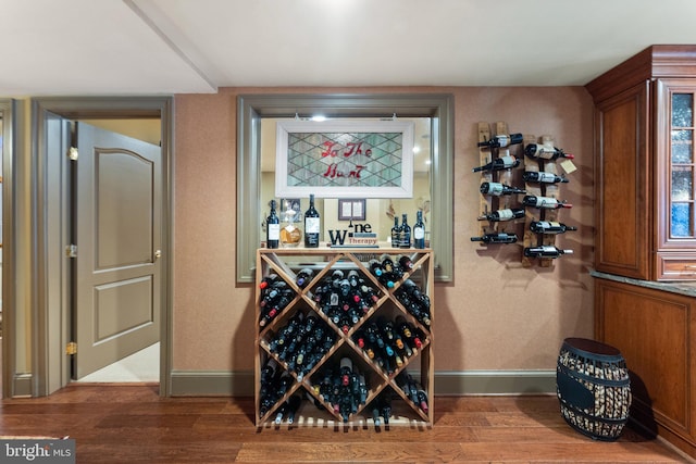 wine area featuring baseboards and wood finished floors