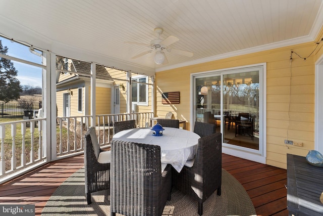 sunroom featuring wood ceiling and a ceiling fan