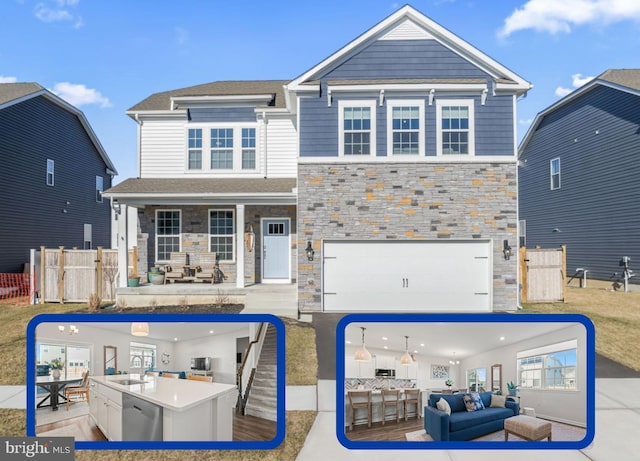 rear view of property featuring sink and a garage