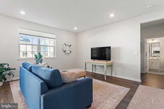 living room with dark hardwood / wood-style floors