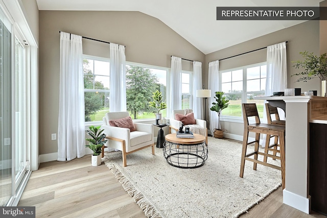 living area with lofted ceiling, wood finished floors, and baseboards