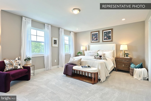 bedroom with carpet flooring, recessed lighting, and baseboards