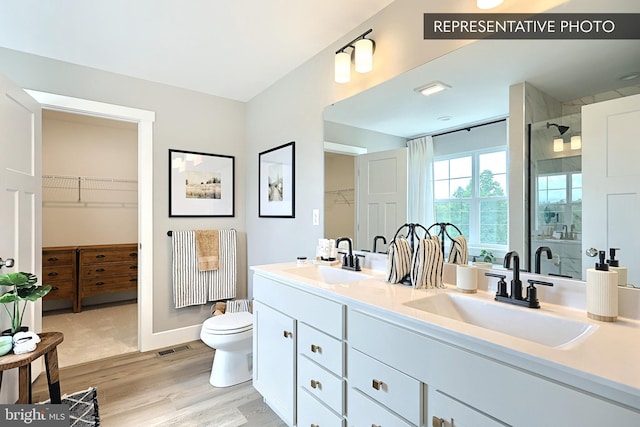 bathroom with double vanity, a shower stall, wood finished floors, and a sink