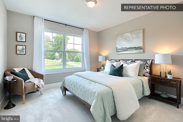 bedroom featuring baseboards and light colored carpet