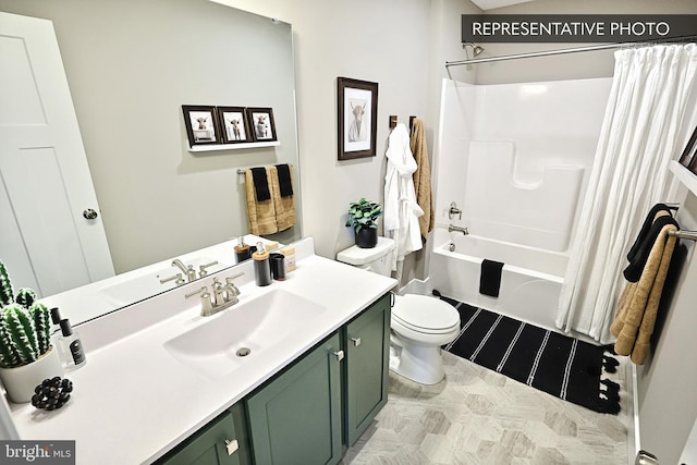 bathroom with vanity, toilet, and shower / bathtub combination with curtain