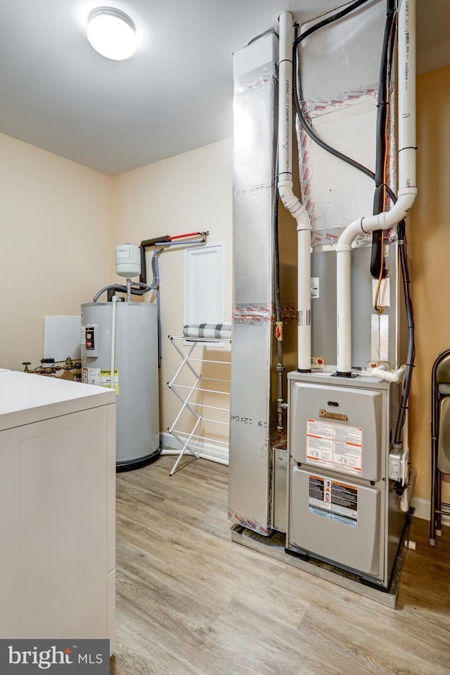 utilities featuring water heater, washer / clothes dryer, and heating unit