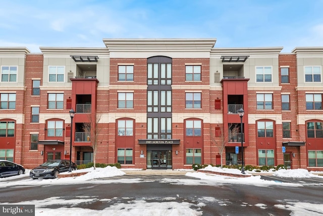 view of snow covered building