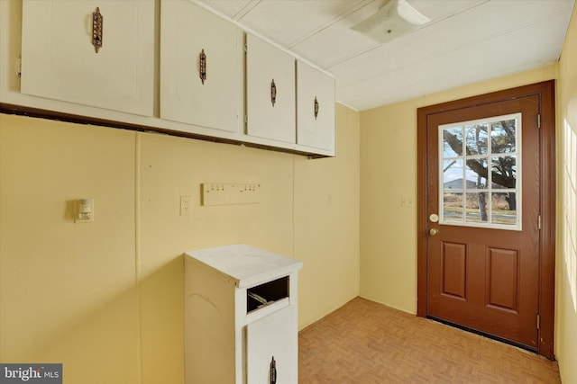 clothes washing area featuring light parquet flooring