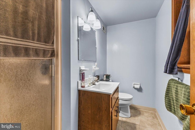 bathroom with toilet, tile patterned flooring, an enclosed shower, and vanity