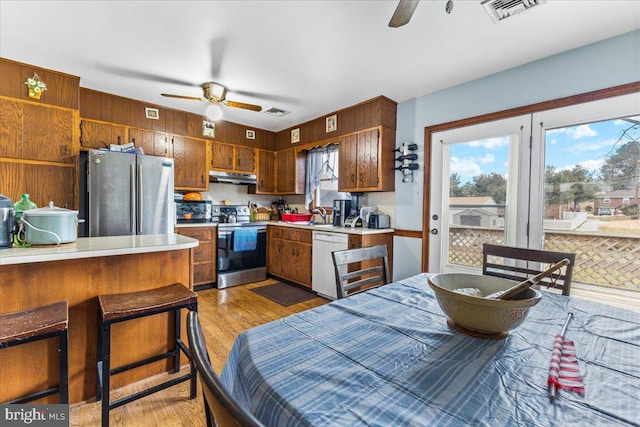 kitchen featuring sink, stainless steel appliances, light wood-type flooring, and ceiling fan