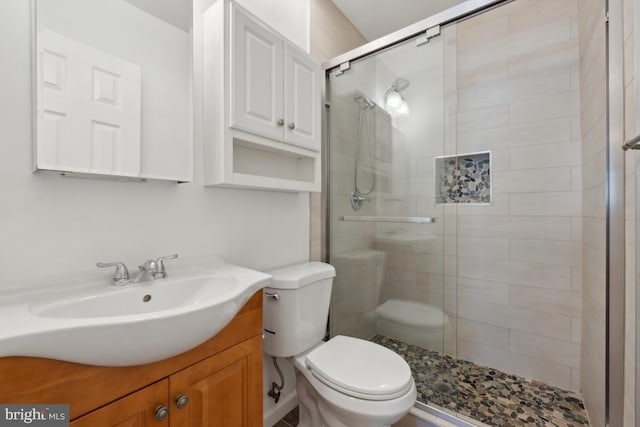 bathroom featuring vanity, walk in shower, and toilet