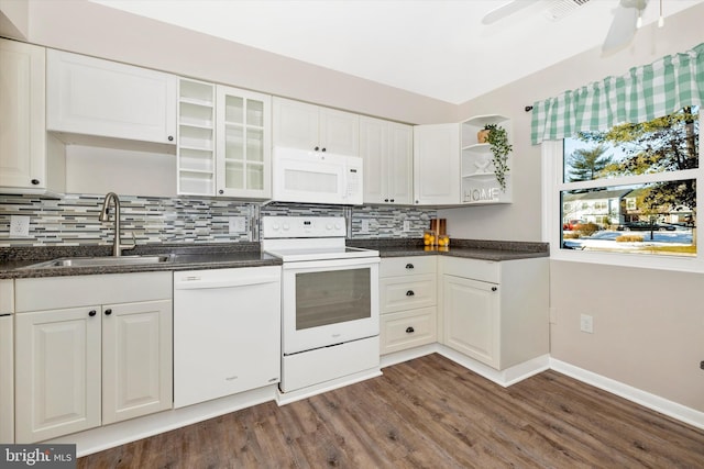 kitchen featuring white appliances, ceiling fan, dark hardwood / wood-style flooring, sink, and white cabinetry