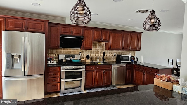 kitchen featuring sink, hanging light fixtures, stainless steel appliances, decorative backsplash, and ornamental molding