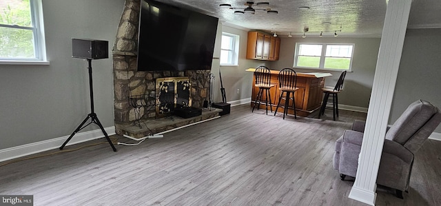 dining room featuring ceiling fan, light hardwood / wood-style flooring, a textured ceiling, indoor bar, and track lighting