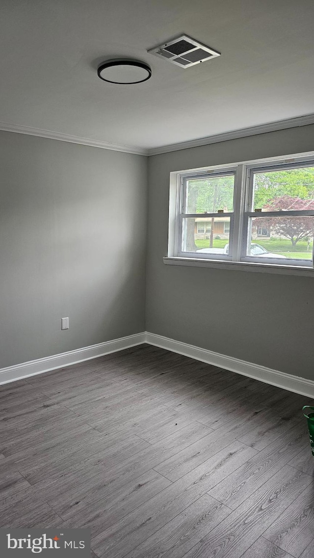 empty room featuring hardwood / wood-style flooring and crown molding